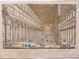 an old drawing of a building with people in it