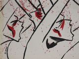 a drawing of a woman with blood on her face