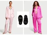 deux femmes en pyjama rose et en pantoufles, debout l'une à côté de l'autre