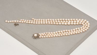 un gros plan d'un collier de perles blanches posé sur une surface grise