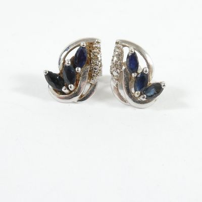 une paire de boucles d'oreilles en saphir et diamants sur fond blanc