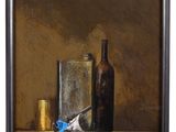 painting of a still life with a bottle, scissors and a glass