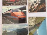 four pictures of a red train on the tracks