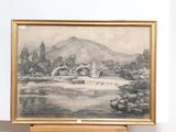 a drawing of a bridge over a river with a mountain in the background