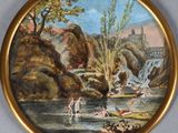 an image of a painting of people swimming in a river with a castle in the background
