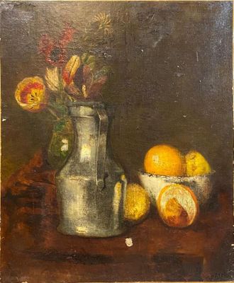 an oil painting of a vase of flowers and fruit on a table