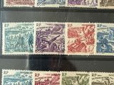 several stamps of different colors are on display in a glass case