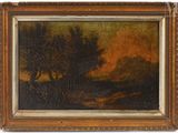 a painting of a landscape with trees and a river in the foreground
