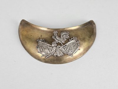une plaque d'argent ornée d'un motif sur une surface blanche