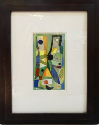 painting of abstract shapes in a black frame on a white wall