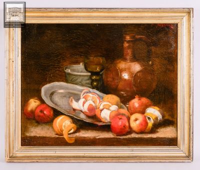 un tableau représentant des pommes et d'autres fruits posés sur une table