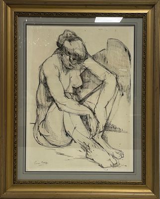 dessin représentant une femme nue assise par terre, dans un cadre doré
