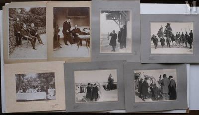 several old black and white photos of people in the snow