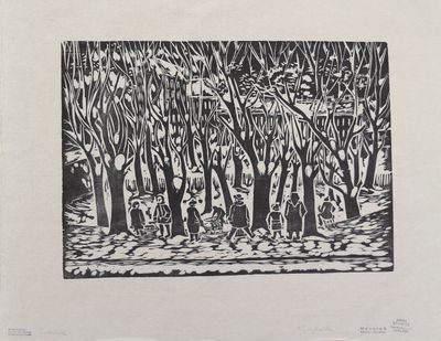 une image représentant un dessin en noir et blanc d'un groupe de personnes dans une forêt