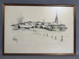 dessin représentant un village sous la neige, avec le clocher d'une église en arrière-plan