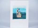 a white card with a painting of a lighthouse and the letter a on it