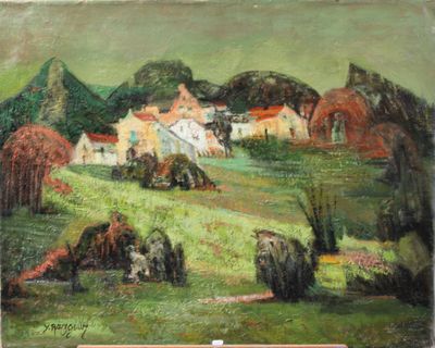 an oil painting of a farm scene with cows grazing in a field