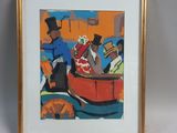 painting of a man and woman in a boat with a man in a top hat and a man in a top hat