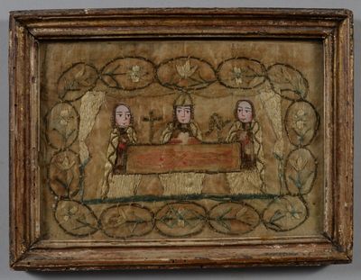 une image représentant un tableau où l'on voit trois personnes assises à une table