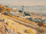 une aquarelle représentant une église sur une colline