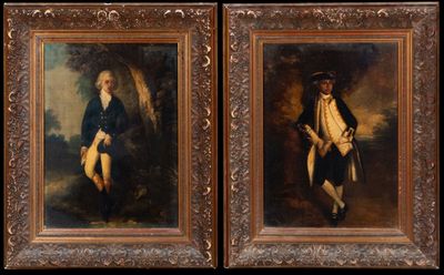 two paintings of a man and a woman in formal clothing