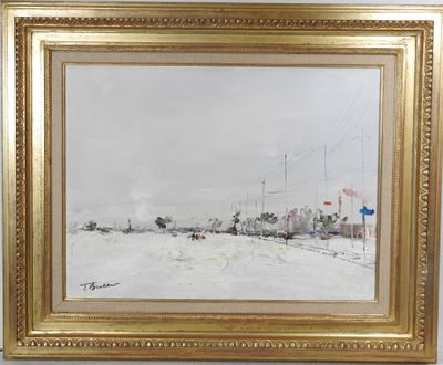 une image représentant un tableau d'un champ enneigé avec un train au loin