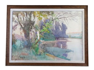 framed watercolor painting of a river scene with trees and water