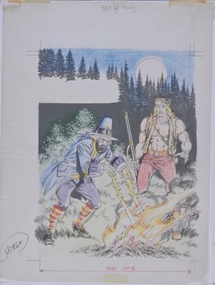 drawing of two men in a forest with trees and a full moon in the background