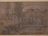 drawing of a landscape with trees and a river in the foreground