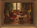 une image représentant un tableau d'un salon avec des chaises rouges et une table