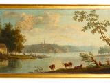 une image représentant une peinture d'un paysage fluvial avec une maison et des vaches au premier plan