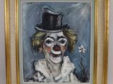 painting of a clown in a top hat with a flower in his hand