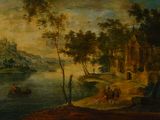 painting of a river scene with a castle in the distance and a man on a horse in the foreground