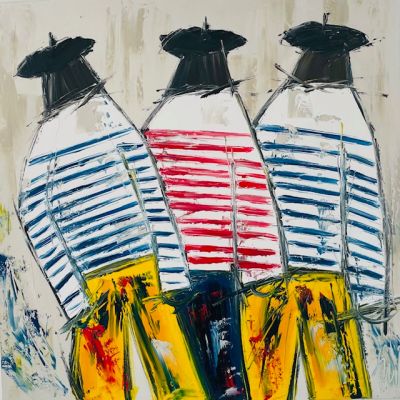 tableau représentant trois hommes vêtus de chemises rayées et de pantalons jaunes, coiffés de chapeaux noirs