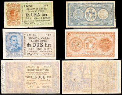six different bank notes of different colors and designs on a black background