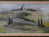 an oil painting of a landscape with trees and a building in the distance