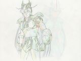 an image of a drawing of a woman in armor holding a ball