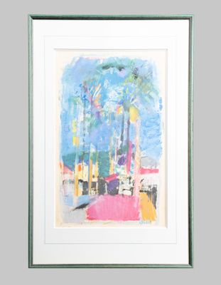 painting of a city street with palm trees and buildings in a white frame