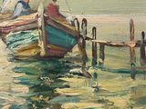 a painting of a boat in the water with a man on it