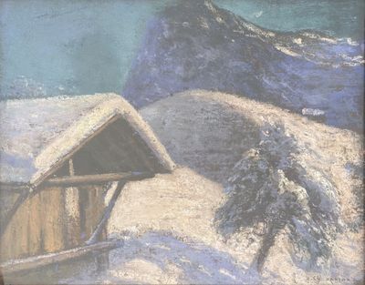 painting of a cabin in the snow with a mountain in the background