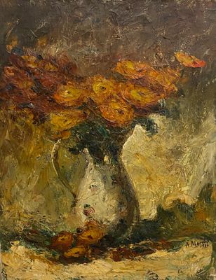 une peinture de fleurs dans un vase sur une table