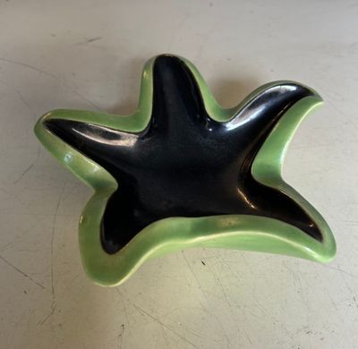 plat en forme d'étoile de mer, noir et vert, posé sur une table blanche