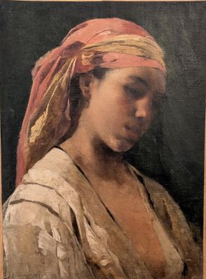 tableau représentant une femme portant un foulard rouge sur la tête