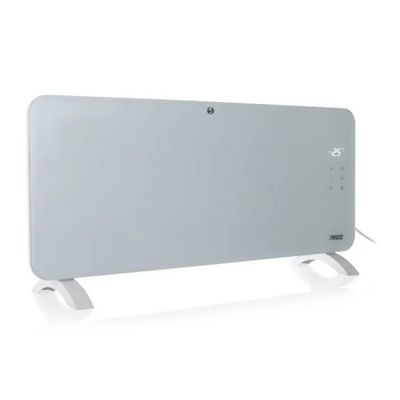 an image of a white electric heater sitting on top of a white table