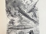 an old book with a drawing of a plane and a plane flying over it