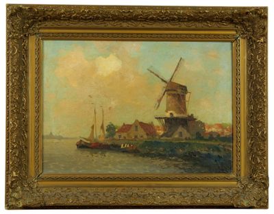 une peinture à l'huile représentant un moulin à vent et un bateau sur un plan d'eau