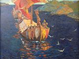 a painting of a boat with people on it in the water