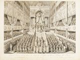 an old drawing of a large room with people in it