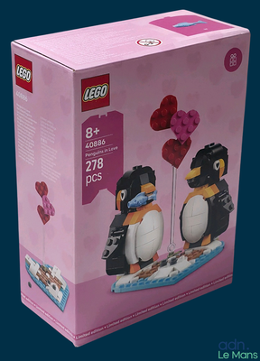 emballage représentant deux pingouins Lego assis sur une boîte rose