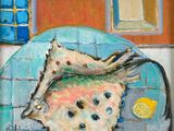 une peinture représentant un poisson dans une assiette, accompagné d'un citron